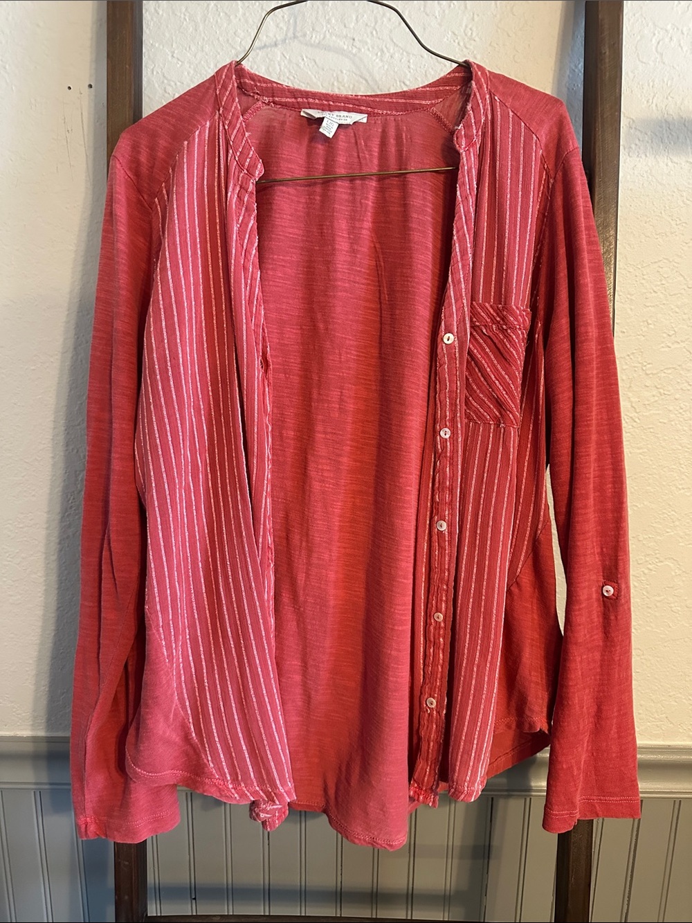 Lucky Brand Striped Open-Front Red Button Jacket